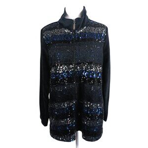 Quacker Factory, Black, Sequin, Lace, Zip Front, Velour Jacket Size Medium, Glam